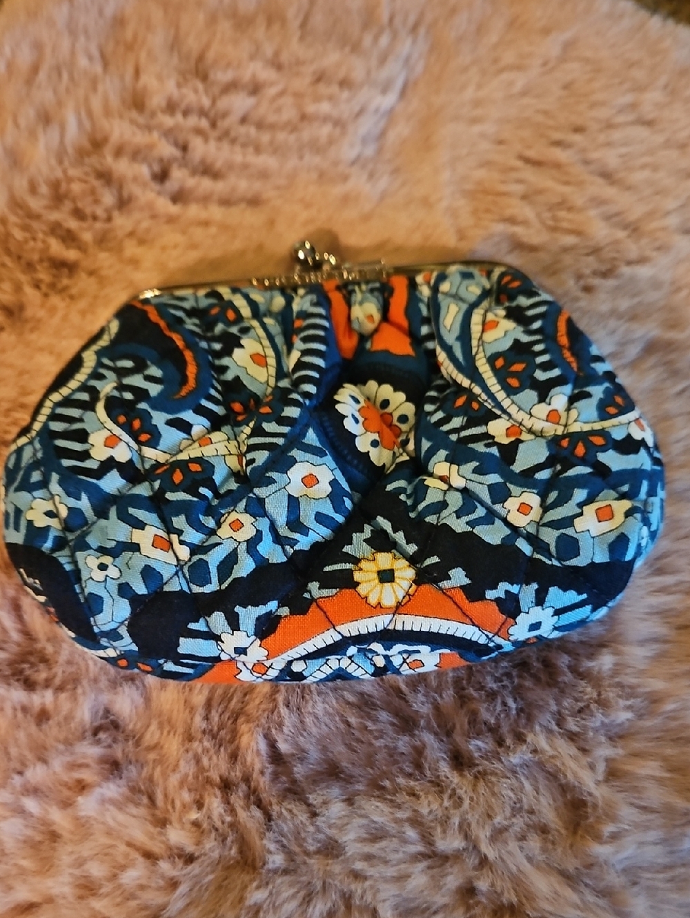 Vera Bradley Quilted Floral Kiss-Lock Coin Purse in Navy and Orange